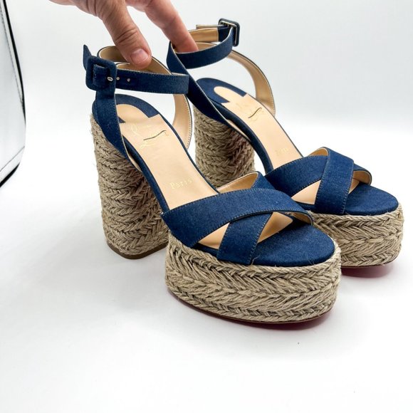 Christian Louboutin Super Mariza Denim Platform Red Bottom Espadrilles Sz 37 - Picture 7 of 12